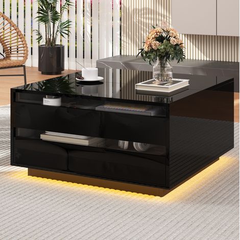 Table basse 70x70x38 cm noire en panneaux de particules et acrylique avec plateau relevable, LED et rangement (1/5)