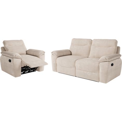 PACK - Canapé de relaxation ROSS manuel 3 places et fauteuil en velours côtelé - Beige