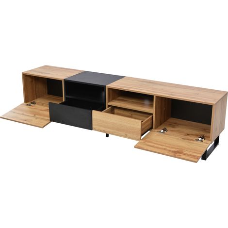 Meuble TV moderne noir et bois avec grand espace de rangement 190x38x48 cm (1/5)