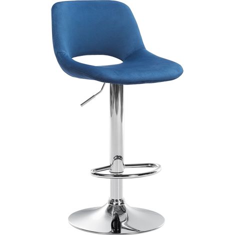 Taburete de bar trona x1 con reposapiés de terciopelo azul base de metal cromado 100004591
