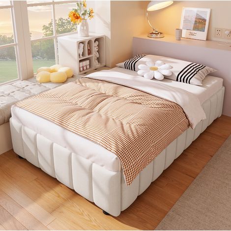 Bett Polsterbett Stauraum 90x200 Leinen Beige OKMYHOME (1/5)