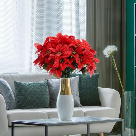 8 künstliche Weihnachtssternblüten, 35 cm hoch, 7 Blütenköpfe, 10 cm Blütendurchmesser, künstlicher Weihnachtssternbusch, für Hochzeiten, Bühnen, Wohnzimmer, Weiß (1/5)