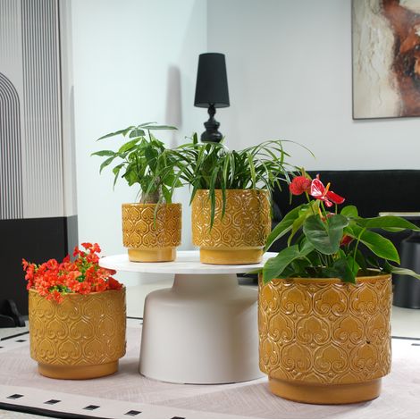 Pot de fleurs en céramique Ø19 cm jaune brillant, avec drainage pour bureau FLORAGRACE (1/5)