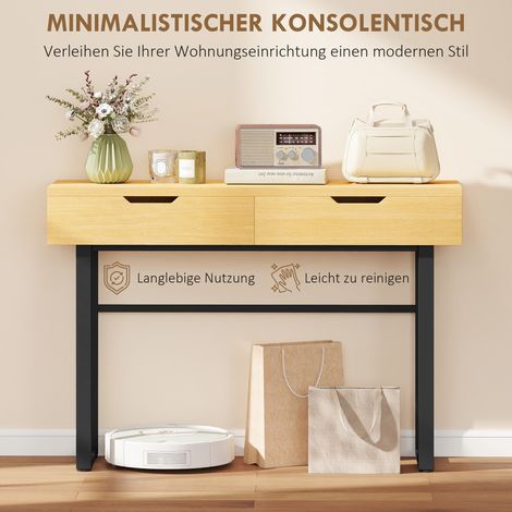 Console fine 2 tiroirs, cadre métallique, meuble d'entrée, 110 x 35 x 76,5 cm, aspect bois naturel (1/4)
