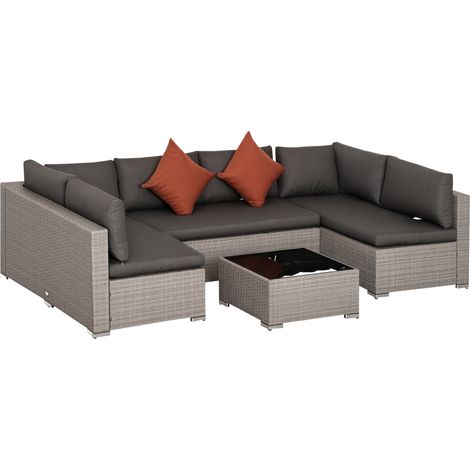 6 Seater Outdoor Rattan Sofa Set with Tempered Glass Coffee Table & Cushions, Deep Grey