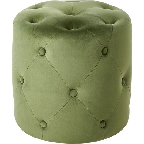 Pouf Olivgrün Samtbezug Rund 40 cm Gesteppt mit Knopfheftung Chesterfield-Stil Wohnzimmer Schlafzimmer Sitzhocker Samthocker Fußhocker Ottomane