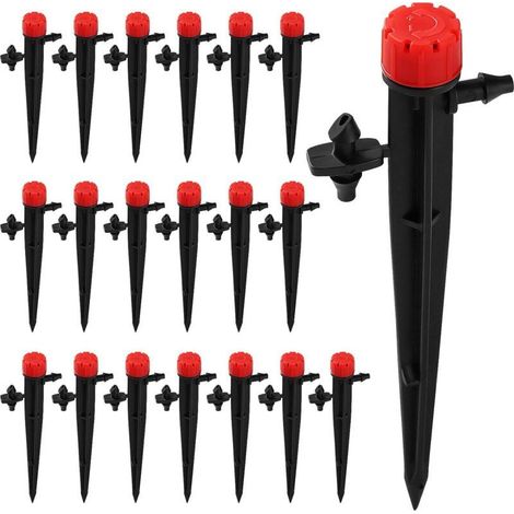 20 Pcs Adjustable Drip Irrigation Heads, 8-Hole 360 Degree Micro Drip Irrigation Head for 4/7mm Hose, Insert Irrigation Dripper, Red (with Connector) (1/5)