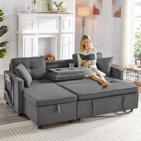 Modern L-Shaped Convertible Sofa Bed with Storage & Charging Ports - 3-in-1 Sleeper Sectional Sofa with Drop-Down Table, USB/Type-C, Grey (1/5)