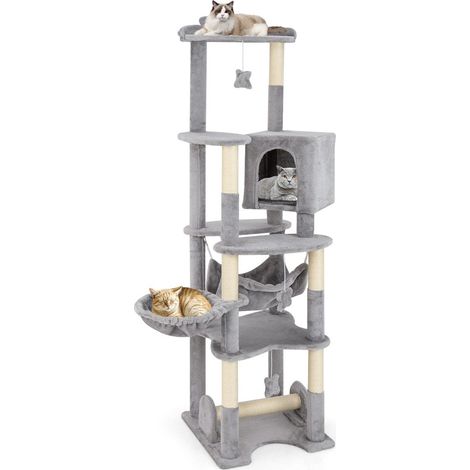 Rascador de madera de 176 cm con cueva cesta cama hamaca y poste de sisal arbol para gatos