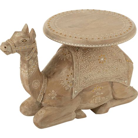 Table d'appoint en bois de manguier naturel blanc esprit oriental - Bois naturel blanc motifs dorés (1/5)
