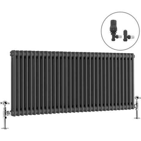 Traditional Radiator Anthracite Cast Iron Style Rads with Angled Thermostatic Valves Horizontal 2 Column 600x1460mm