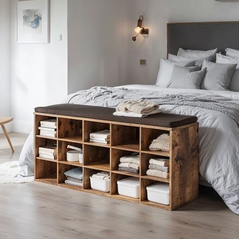 Banc à Chaussures, Banc de Rangement avec Siège Rembourré, 15 Compartiments, Étagères Réglables, pour Salon, Couloir, Marron Rustique (1/5)