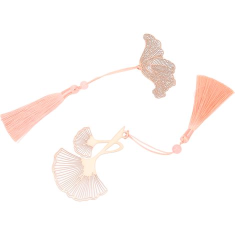 Lot de 2 marque-pages ajourés en or rose pour les amoureux des livres. Marque-pages en acier inoxydable finement sculpté avec un élégant pompon pour le bureau.