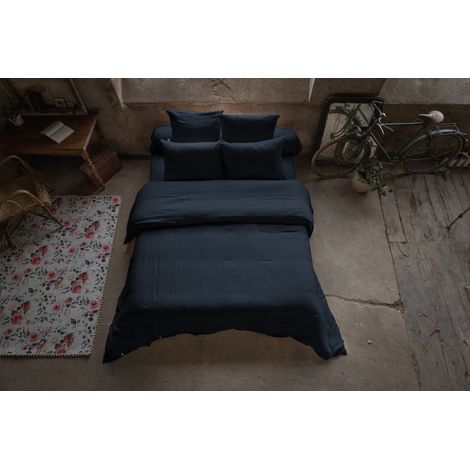 Pack double gaze de coton luxe housse de couette 240 x 220 cm + 2 taies d'oreiller 60 x 60 Bleu foncé (1/3)