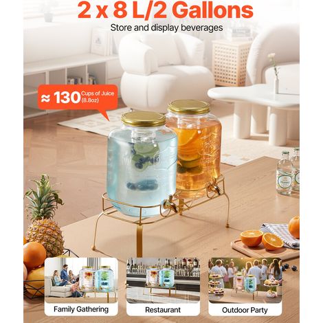 Distributeur de Boissons Capacité de 8 L 2PCs, Fontaine à Eau en Verre, Distribution d’Eau Jus Limonade Thé Glacé, avec Support en Métal, Robinet et Infuseur, pour Restaurant Café Hôtel Fête (1/5)