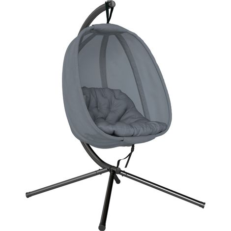Outsunny Hanging Egg Chair, Folding Texteline Swing Hammock with Side Pocket, Cushion and Stand for Indoor Outdoor, Patio Garden Furniture, Grey