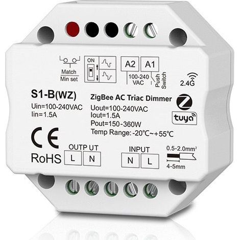 SCR ZigBee-RF 1-channel 1.5A dimmer switch (phase-cut with DIP switch) S1-B(WZ) AC100-240V (1/2)