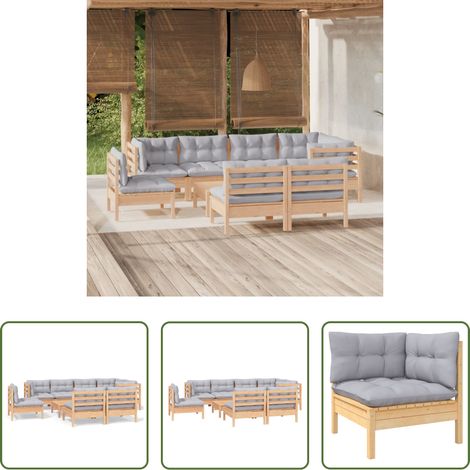 Terrassensofa - 9-tlg. Garten-Lounge-Set mit Grauen Kissen Kiefer Massivholz (1/5)