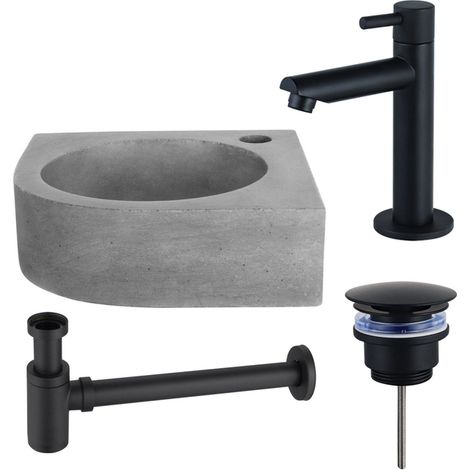 Fortifura Fuente Pack Lave-mains d'angle - 31.5x31.5x10cmcm - 1 trou de robinet - robinet Noir mat - Béton