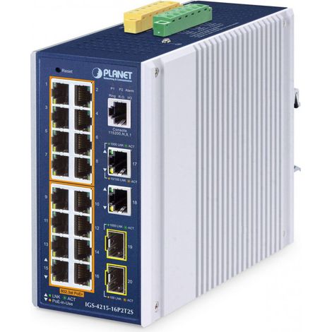 PLANET IP30 Industrial L2/L4 16-Port Gestionado L2/L4 Gigabit Ethernet (10/100/1000) Powerful Ethernet (PoE) Aluminio, Azul