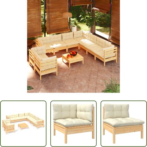 Terrassensofa - 10-tlg. Garten-Lounge-Set mit Creme Kissen Massivholz Kiefer (1/5)