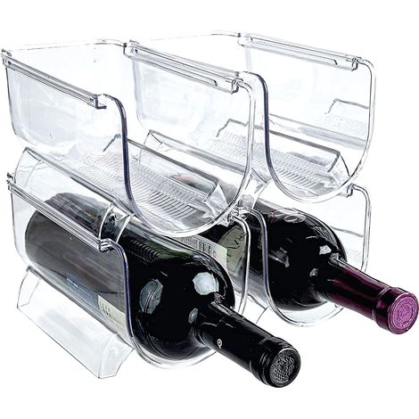 Ensemble de 4 range-bouteilles empilables en plastique transparent, idéal pour ranger bouteilles de vin et d'eau, sodas et bières dans le garde-manger, la cuisine ou le réfrigérateur. (1/5)