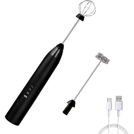 Batidor de leche espumoso eléctrico, batidor de huevos de acero inoxidable, mezclador de café recargable, negro (1/5)