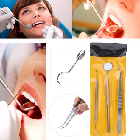 Kit d'hygiène dentaire 3 pièces en acier inoxydable : miroir buccal, sonde, pince et brucelle.