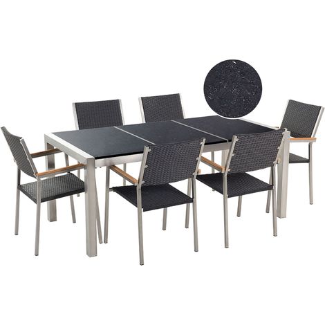 Set da Giardino Tavolo Piano Granito Nero 6 Sedie Rattan 180 x 90 cm Grosseto (1/5)