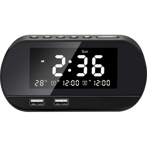 Radio-réveil avec radio FM, réveil numérique, double alarme, température intérieure, 6 niveaux de luminosité, 16 niveaux de volume réglables (noir). (1/5)