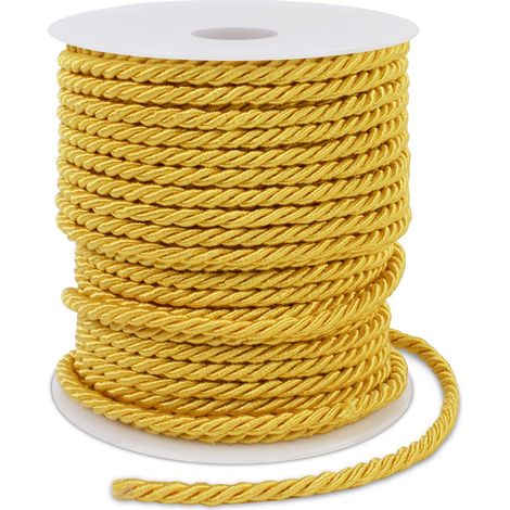 Corde torsadée dorée jaune 3 mm x 25 m, corde en polyester 3 brins satinée pour travaux manuels, corde décorative torsadée pour macramé, pour travaux manuels, cordon pour rideaux, cordon (1/5)