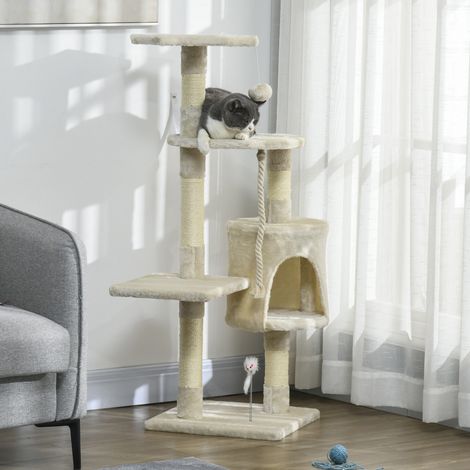 PawHut Katzenkratzbaum, 116 cm hoch, Kratzbaum, Kletterturm mit Sisal-Kratzstämmen, Höhle, Plattformen und Hängespielzeug, Beige