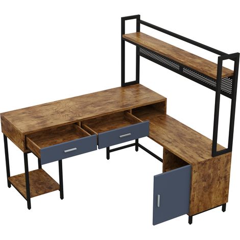 Bureau d'angle industriel L 140 x 140 x 135 cm en MDF et métal noir et bois avec tiroirs et étagères (1/5)