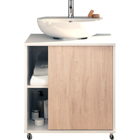 Meuble sous lavabo 1 porte coloris Blanc brillant / effet bois - Hauteur 64 x Longueur 59 x Profondeur 45 cm -PEGANE- (1/4)