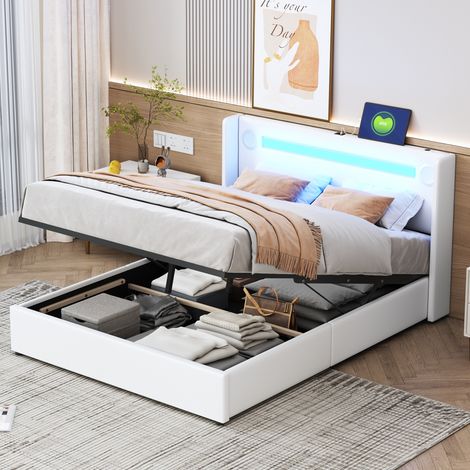 Bett mit Stauraum 160x200, Lattenrost, gepolstertes Kopfteil mit LED-Beleuchtung und USB-Ladefunktion, Stauraum - Weiß (1/5)