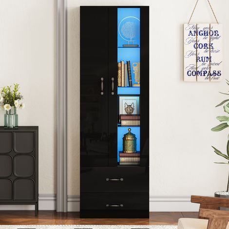 Vitrine 59,5 x 35 x 182 cm avec éclairage LED - 2 portes et 2 tiroirs - Portes vitrées - Panneaux de particules - Noir (1/5)