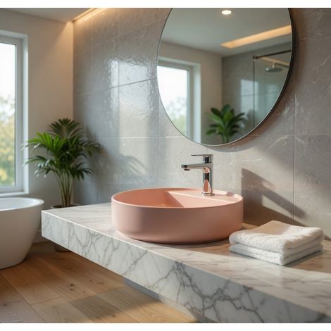 Lavabo tondo da appoggio senza troppo pieno in ceramica con foro rubinetto - Salmone Opaco