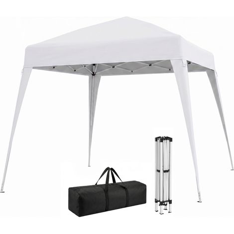 Tonnelle de jardin pliante 2,4 x 2,4 m avec structure en acier et cordes coupe-vent, blanche (1/5)