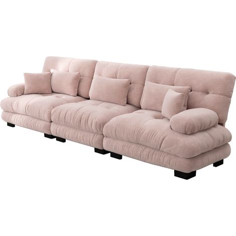 Canapé d'angle modulable 3 places en chenille vintage rose, assise profonde confortable (1/5)
