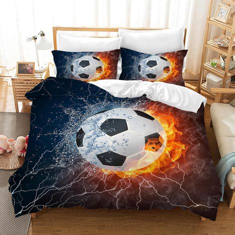 Parure de lit football 135x200 cm enfant microfibre 3D avec 2 taies d'oreiller 50x75 cm