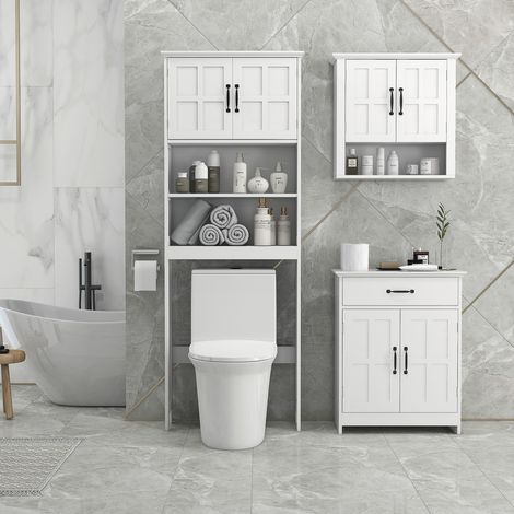 Rangement Meuble WC dessus de toilette armoire de rangement de salle de bain avec niches placard à double porte étagère réglable