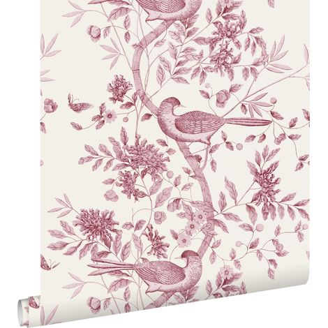 papier peint fleurs et oiseaux rouge bordeaux - ESTAhome (1/5)