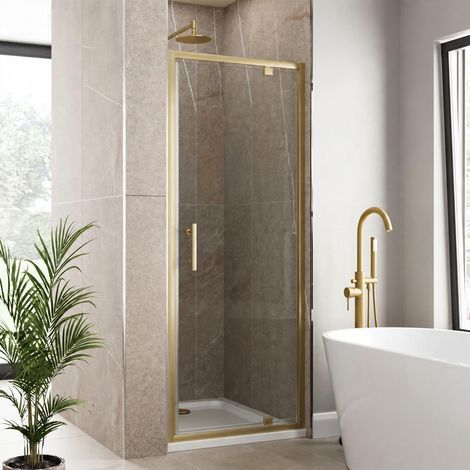 760mm Pivot Shower Door for Wet Room Enclosures 6mm Glass Framed Brushed Brass (1/3)