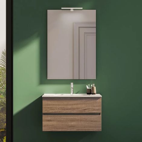 Meuble de salle de bains suspendu de 90 cm en chêne foncé avec lavabo et miroir Yili (1/4)