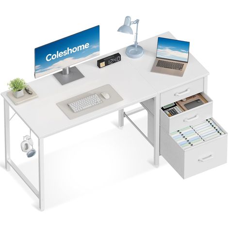 Desk with 3 Drawers Fabric, 120 x 48 cm, White (1/5)