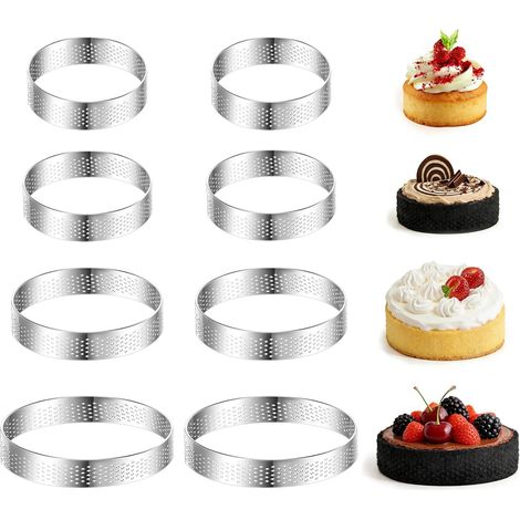 8 Pièces Cercle à Tartelette, Anneaux à Tartes Ronds avec Trous, Cercle Tartelette en Acier Inoxydable pour Muffin, Hauteur 2 cm, Ø 5cm, Ø 6cm, Ø 8cm, Ø 10cm pour Mousse, Tartes, Mini Pizzas, Muffins