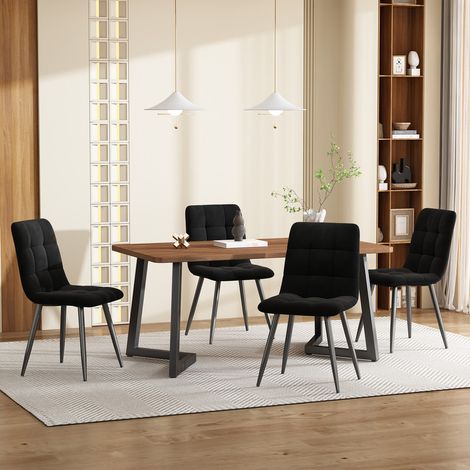 Table à manger avec 4 chaises - pieds en métal et plateau de table noyer,Ensemble de salle à manger chaises en velours noir