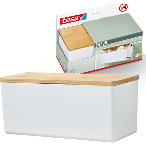 tesa® Baboo Badorganizer M mit Bambus-Deckel, matt-weiß - Bad-Aufbewahrungsbox zur Wandmontage ohne Bohren, inkl. tesa® Powerstrips Waterproof Strips XL - 242 mm x 110 mm x 102 mm (1/5)