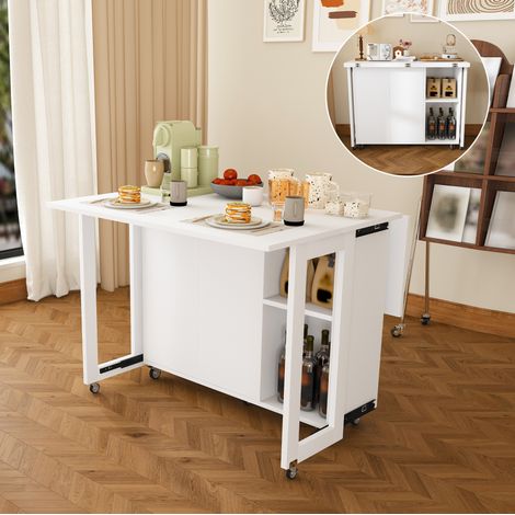 Table à manger pliante 105x100 cm avec rangement et roulettes 360° verrouillables, MDF blanc, gain de place (1/5)