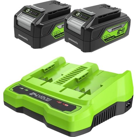 Greenworks Batterie 24V e Caricabatterie Doppio Slot - Due Batterie Ricaricabili 4Ah per Tutti gli Elettroutensili Greenworks 24V, Uscita 48W Tensione 4A, Carica Singola in 60 Minuti - G24B4 & G24X2C (1/4)